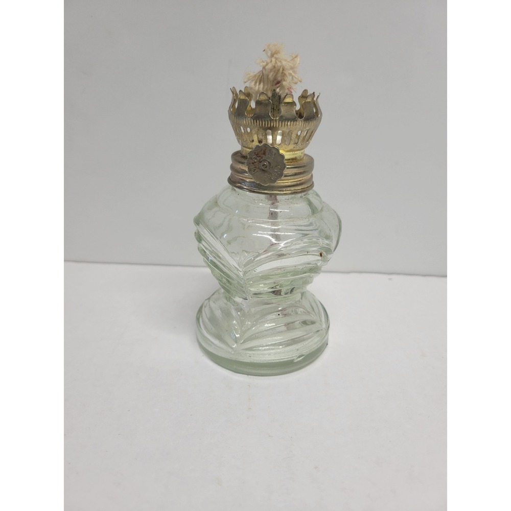Vintage Miniature Clear Pressed Glass Oil Lamp Swirl Base Brass Burner 4.5 Inch